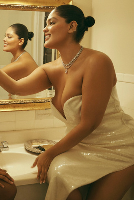 Strapless Sequin Side-Slit Midi Dress