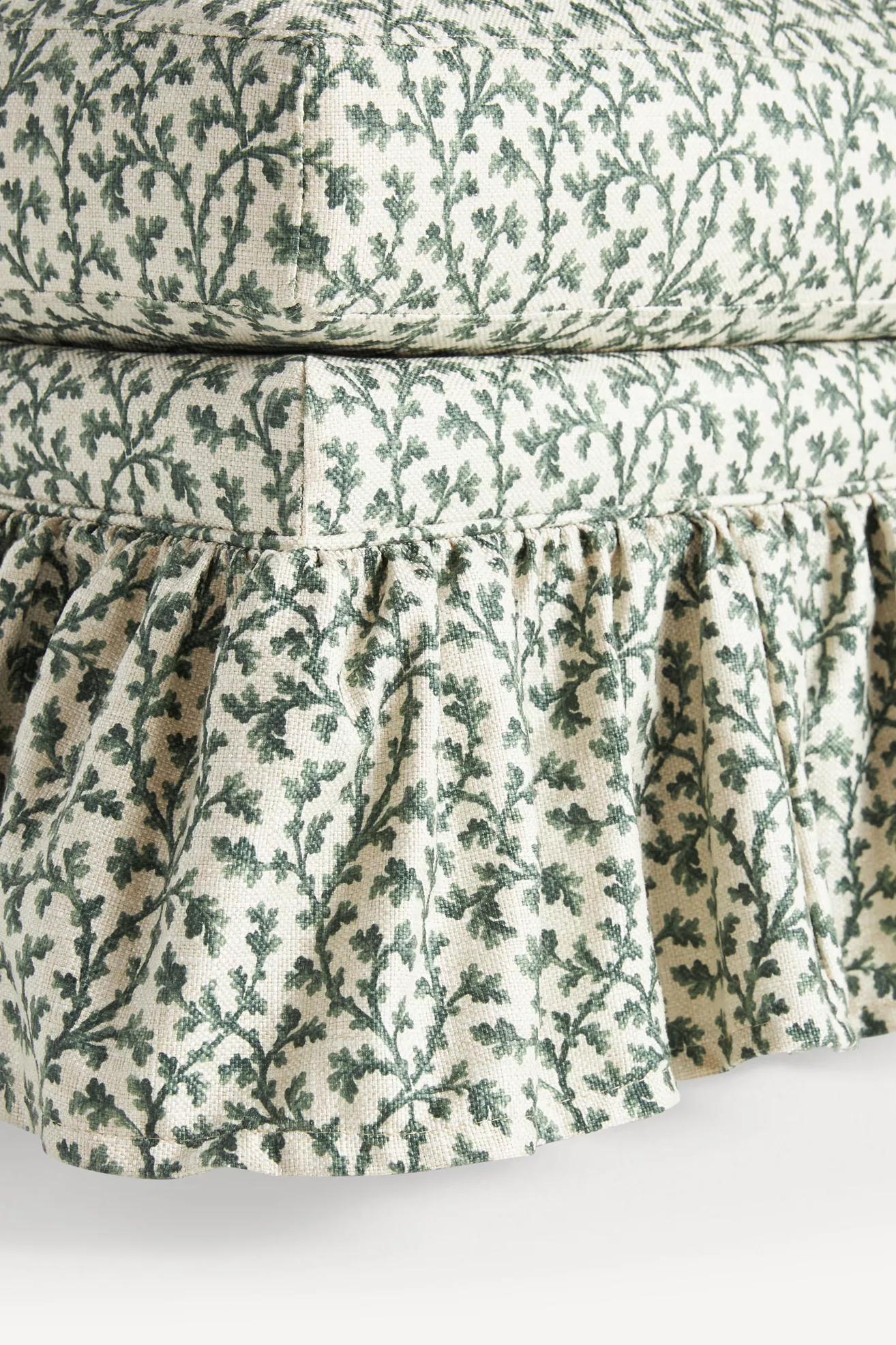Close-up of botanical print fabric and ruffle edge