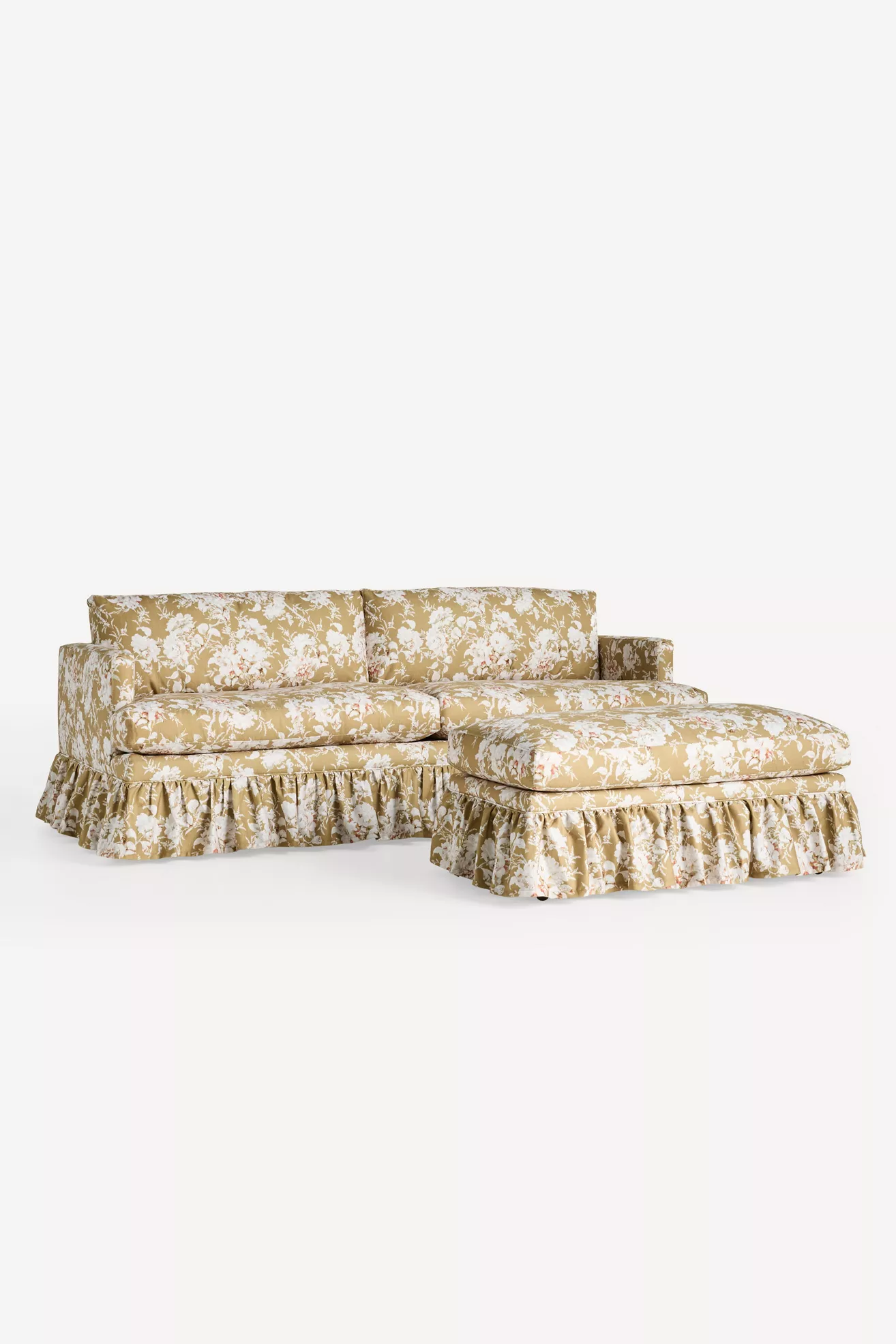 Sectional style arrangement of Bowen Ruffle Ottoman with matching pieces