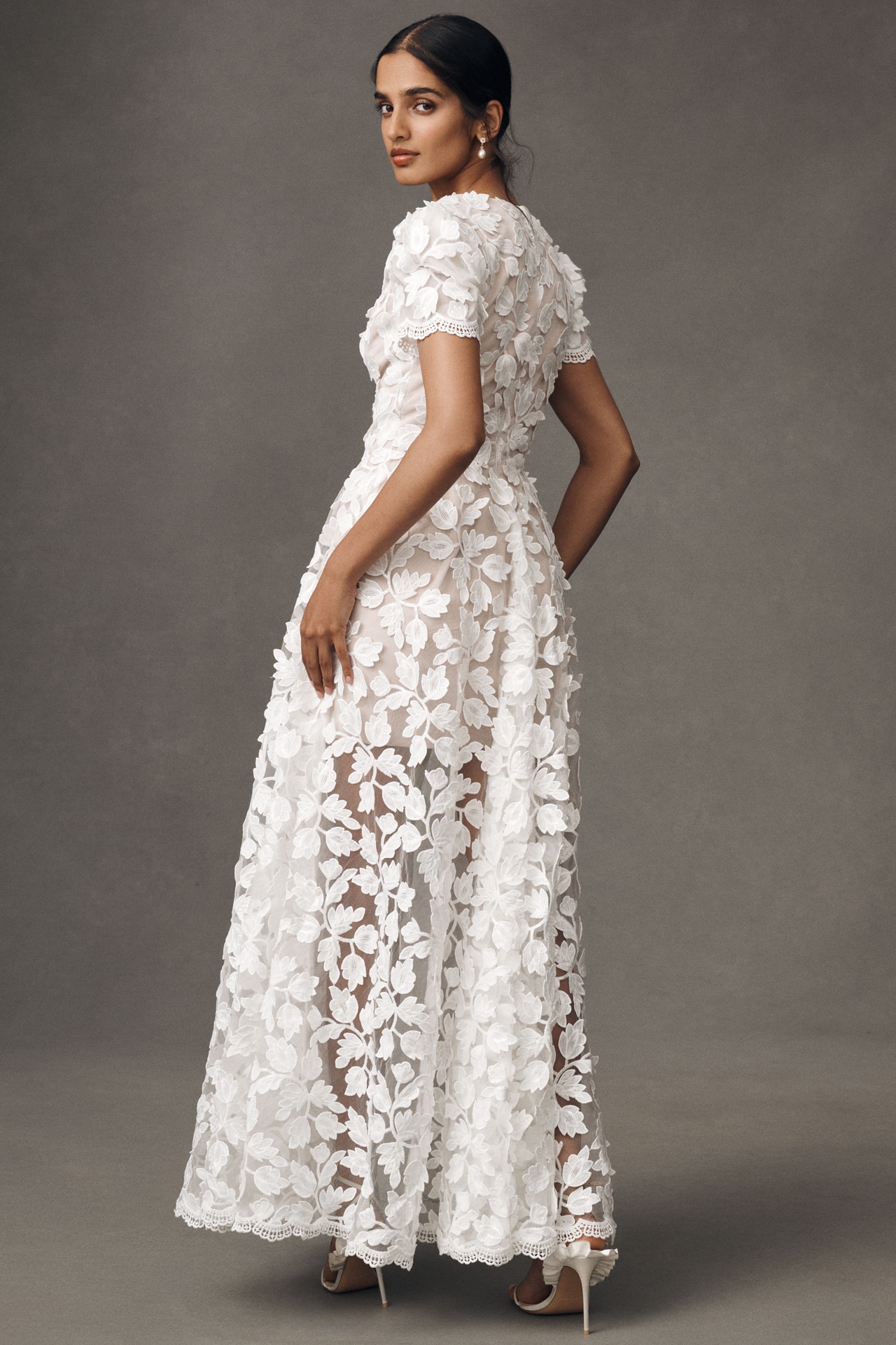Helsi Clara Puff-Sleeve Sheer Floral Appliqué Maxi Dress