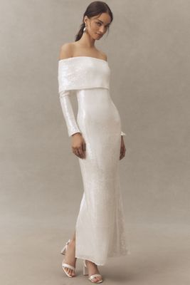 Mare Mare Long-Sleeve Off-Shoulder Sequin Maxi Dress