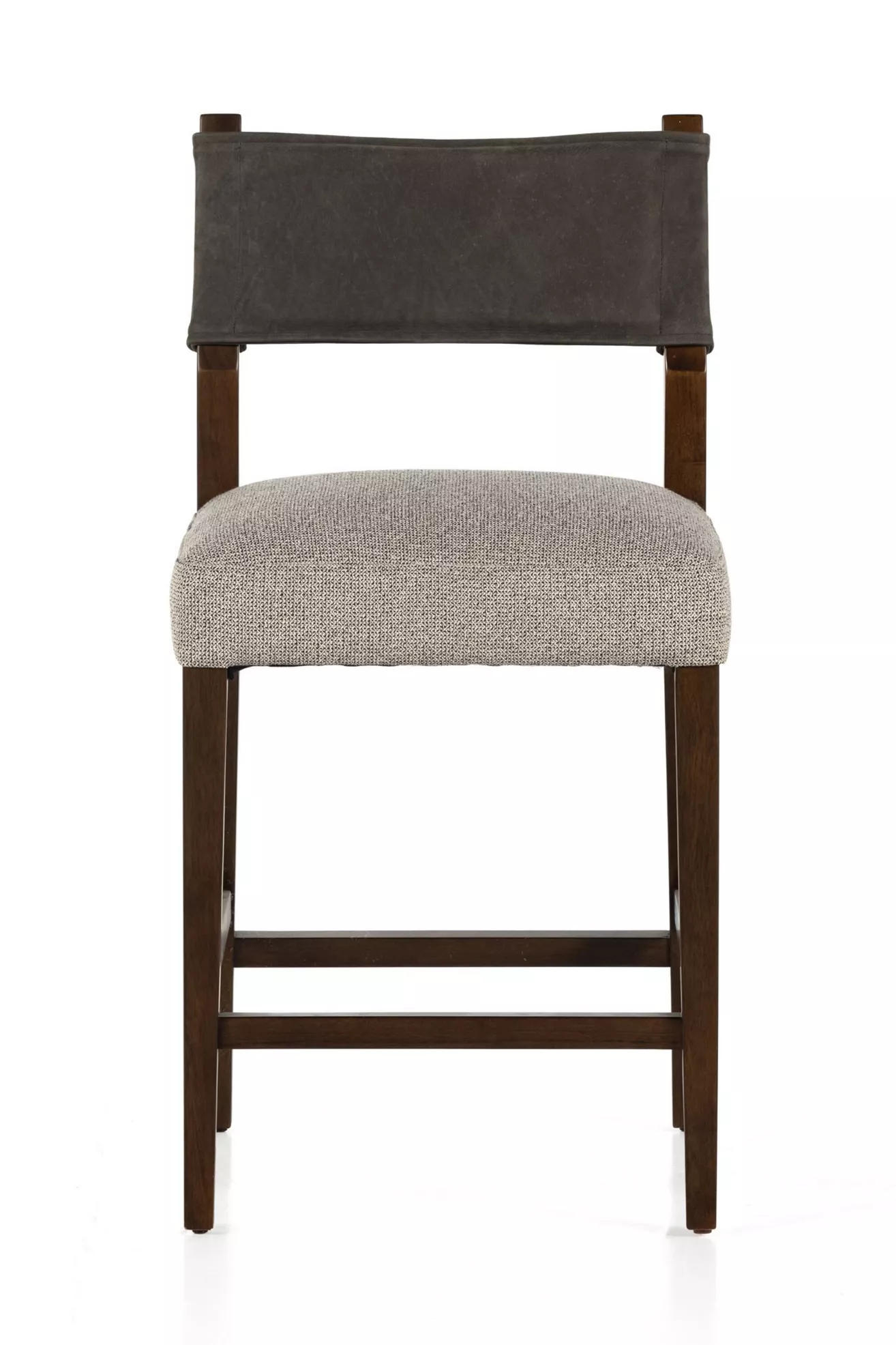 Front view of Ferris leather counter stool with beige cushioned seat
