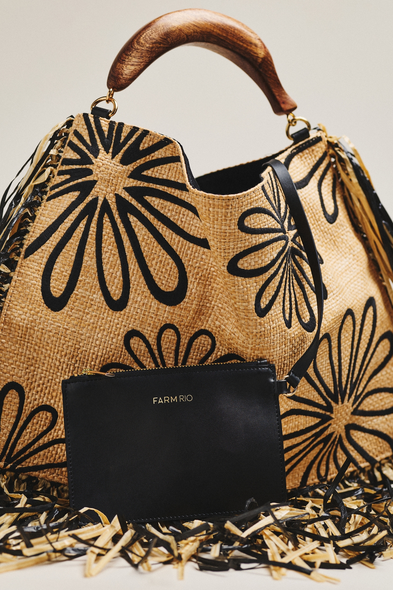 Farm Rio Fringed Raffia Mini Hand Bag