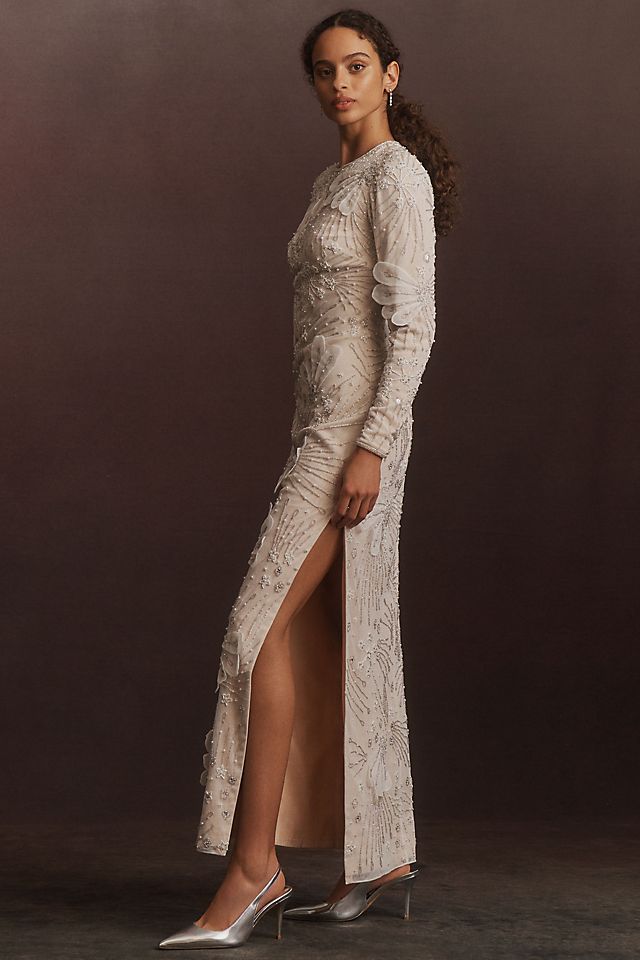 long sleeve beaded dress Short Fringe Mini with Sheer Sleeves 48152 helping walking and standing feel natural throughout extended wear Long Sleeves Beaded Evening Dress