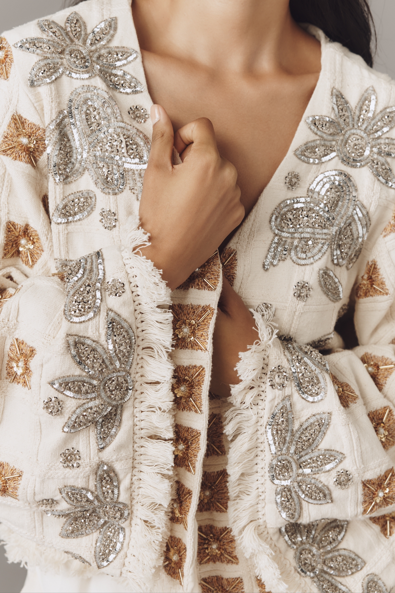 Ollari Embellished Shine Open-Front Top