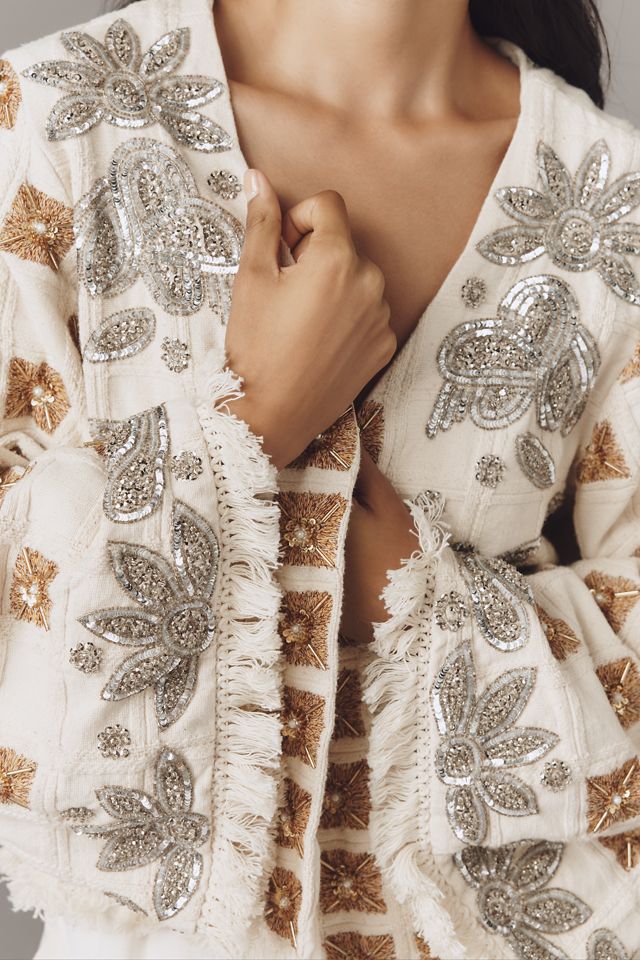 Ollari Embellished Shine Open-Front Top #3