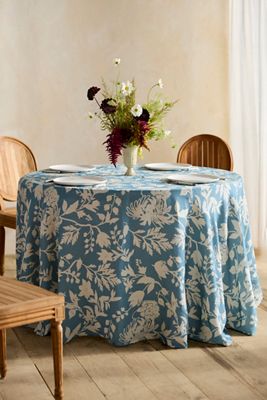 Blue Botanical Round Cotton Tablecloth