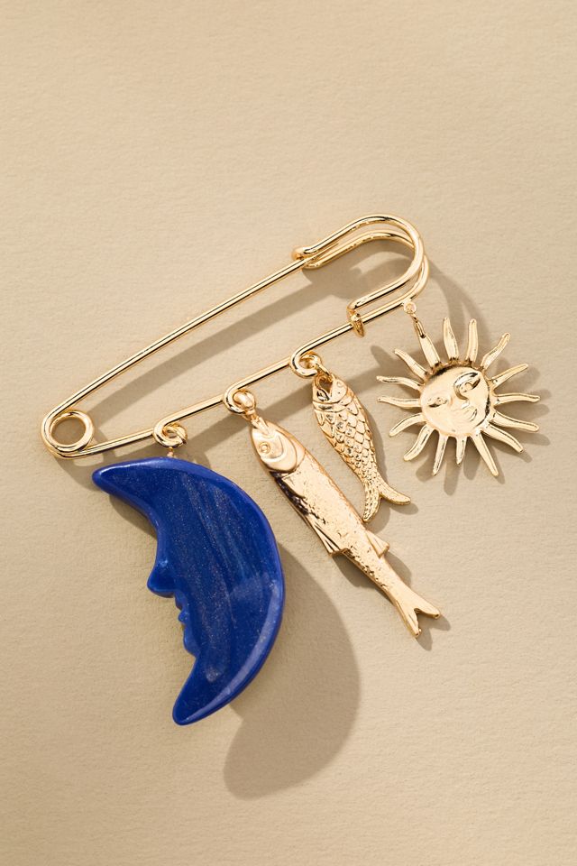 Moon & Fish Safety Pin Brooch #1