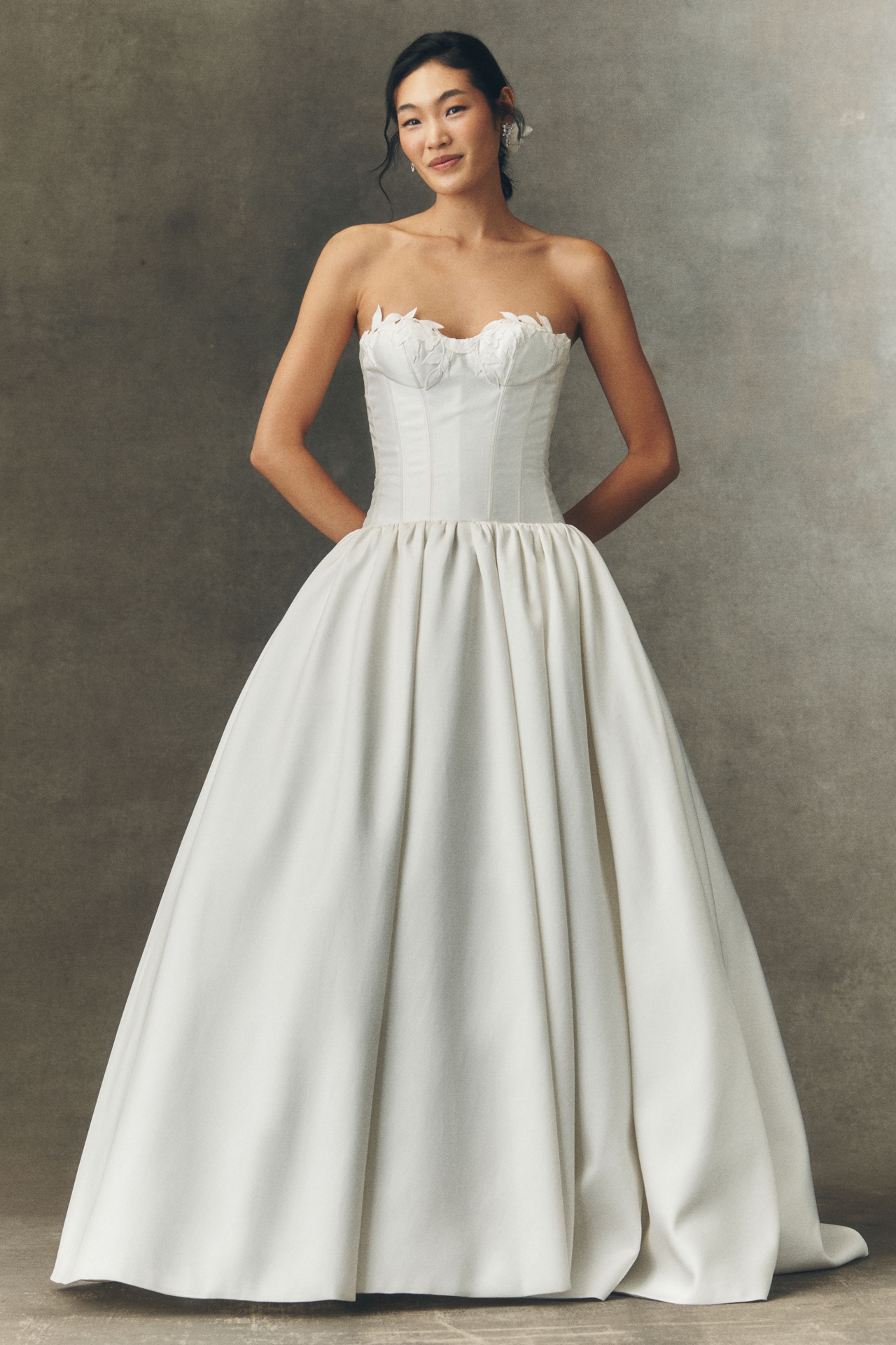 Watters Emmaretta Strapless Drop-Waist Ball-Skirt Wedding Gown