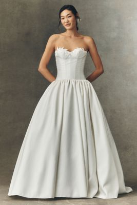 Watters Emmaretta Strapless Drop-Waist Ball-Skirt Wedding Gown