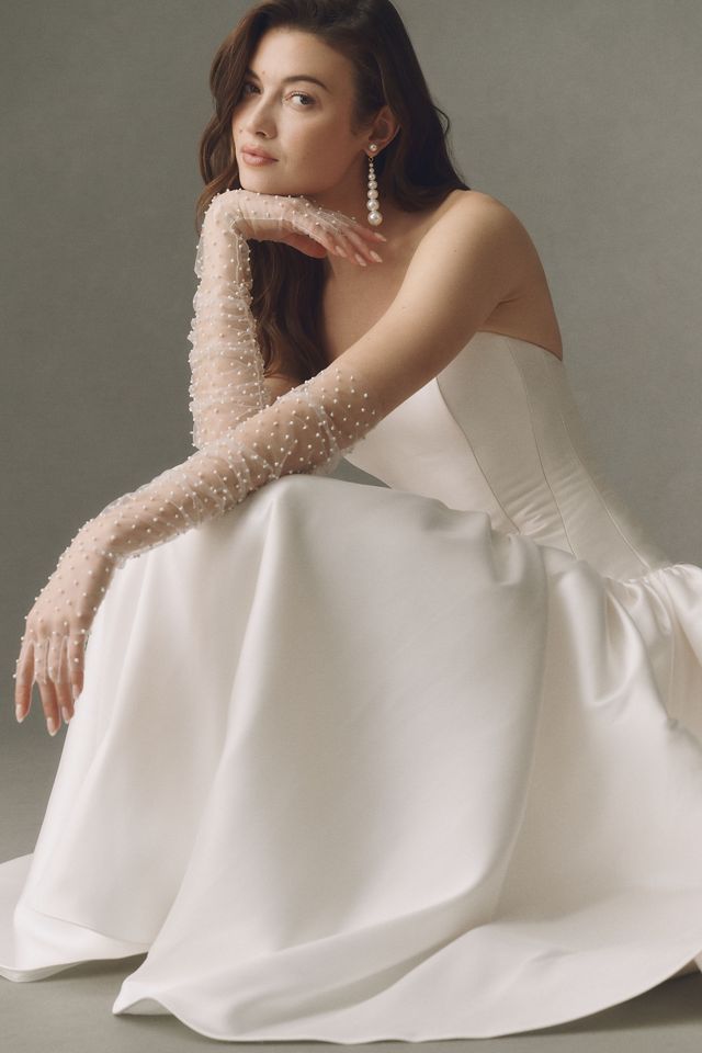 By Anthropologie Weddings Over-The-Elbow Pearl Tulle Fingerless Gloves #2