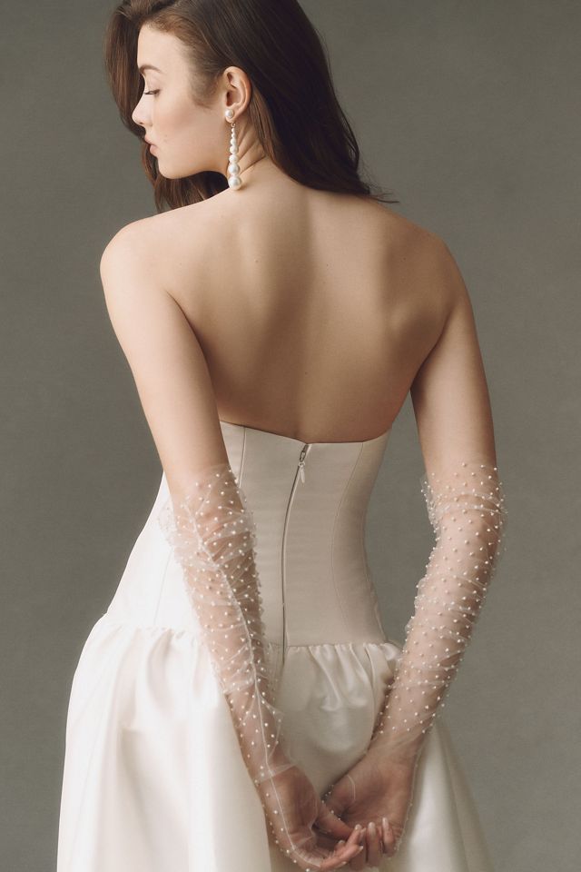 By Anthropologie Weddings Over-The-Elbow Pearl Tulle Fingerless Gloves #3