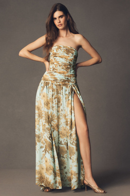 Bhldn Strapless Ruched Chiffon A-line Maxi Dress In Green
