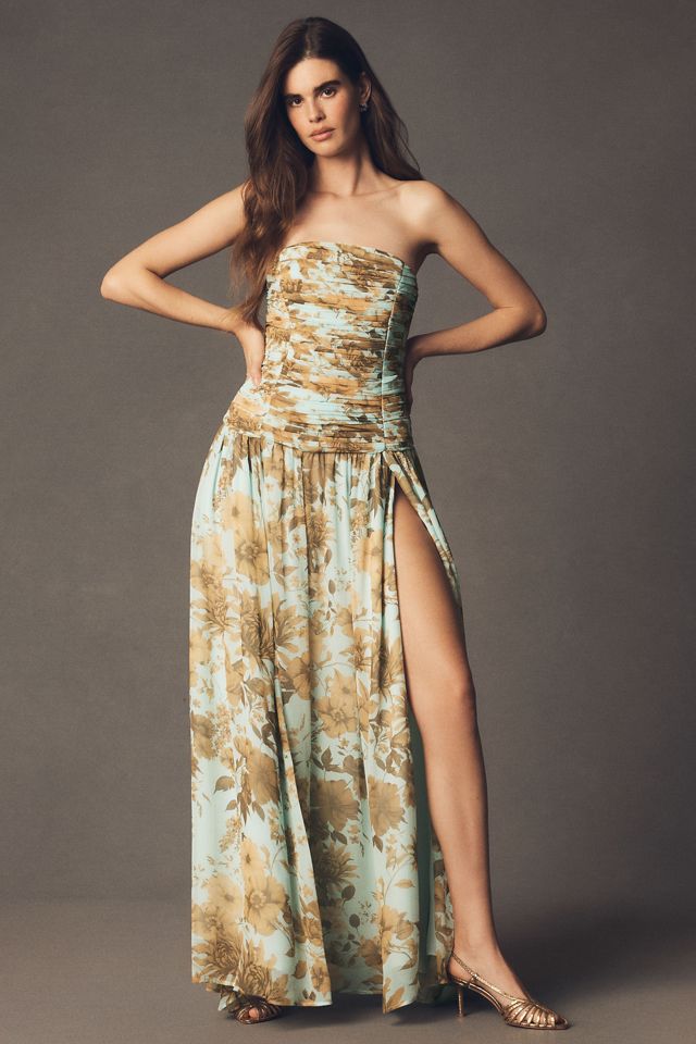 BHLDN Strapless Ruched Chiffon A-Line Maxi Dress