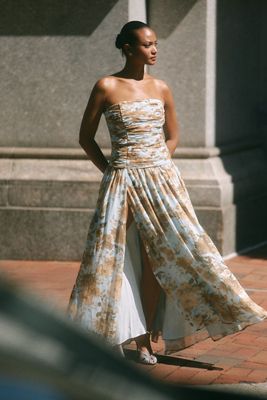 BHLDN Strapless Ruched Chiffon A-Line Maxi Dress