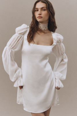 Bhldn Chiffon-sleeve Satin Mini Dress In White