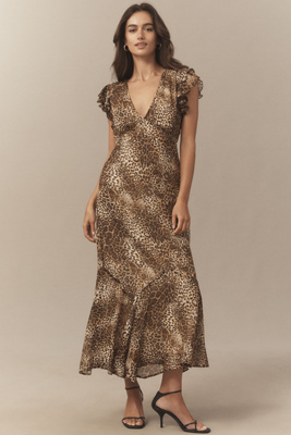 Bhldn Flutter-sleeve Plunge Maxi Dress In Brown