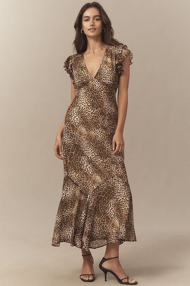 bhldn asha flutter sleeve v neck chiffon maxi dress Flutter-Sleeve V-Neck The flutter sleeve design is unique Duntery Flutter Sleeves V Neck