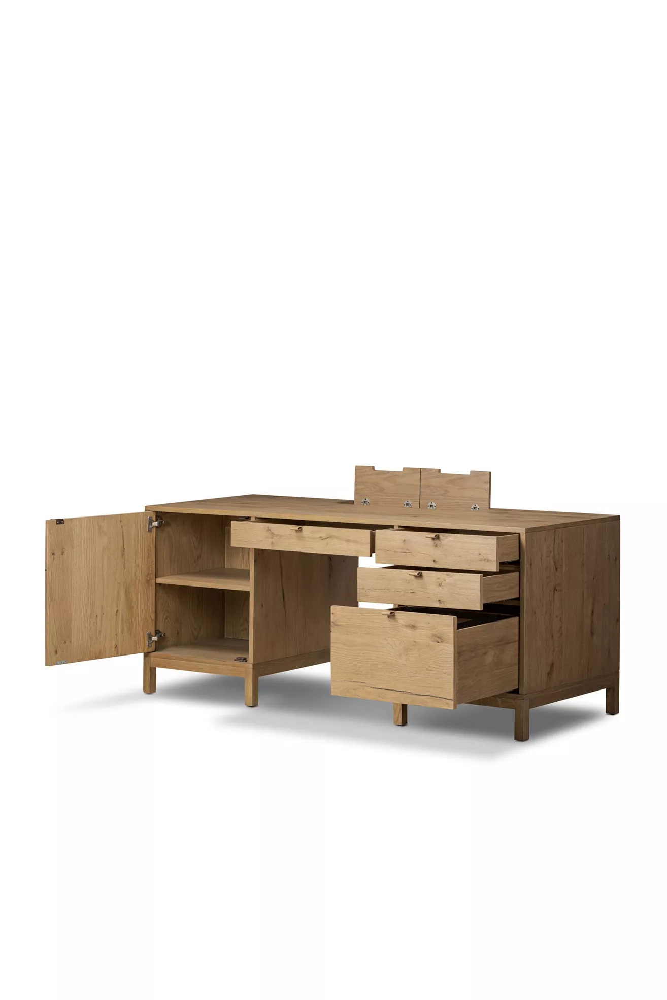 Open view of desk with drawers on right and cabinet on left showing interior