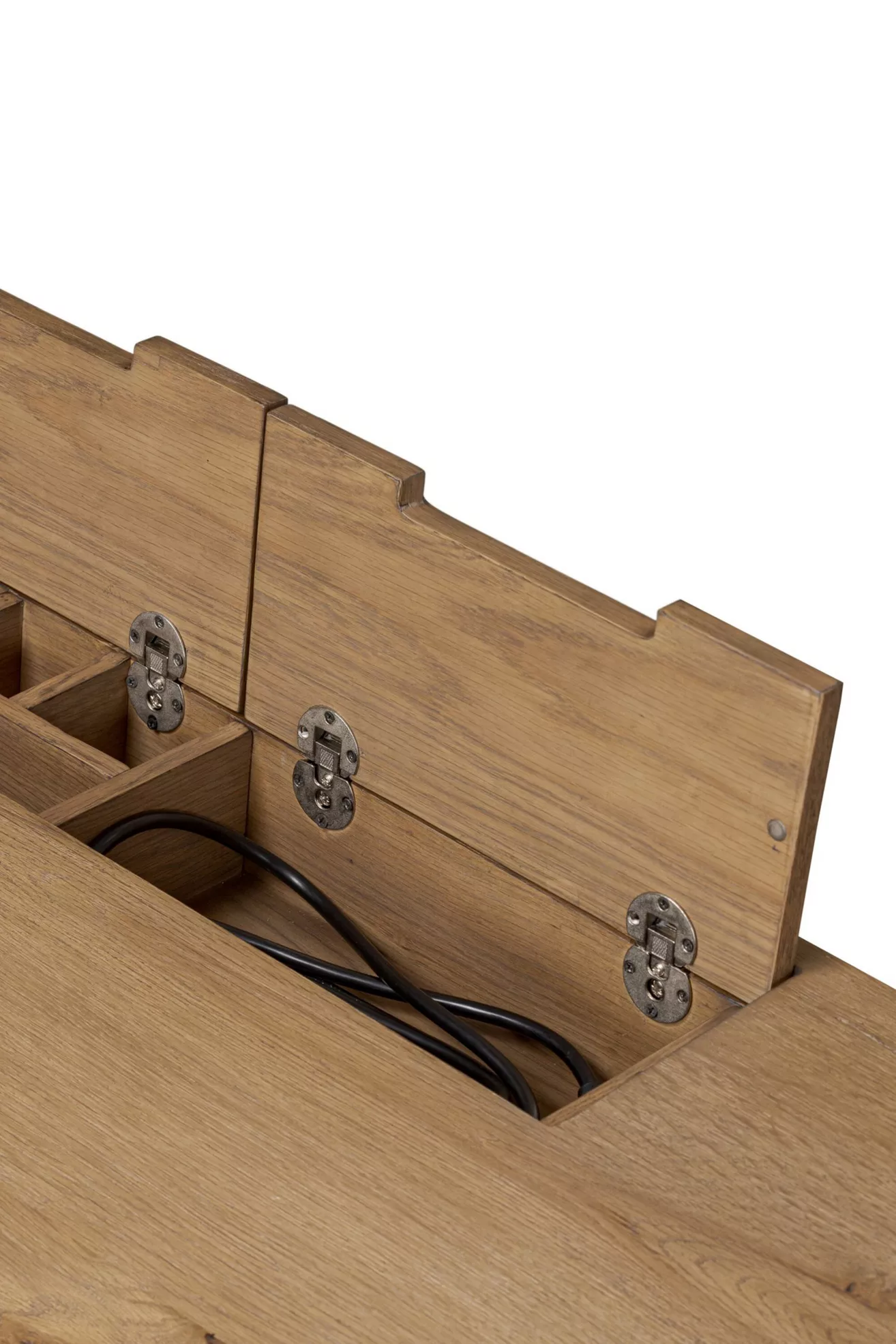 Hinged lid interior with cables