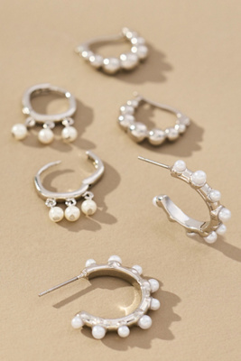 By Anthropologie Mini Pearl Hoop Earrings, Set Of 3 In Silver