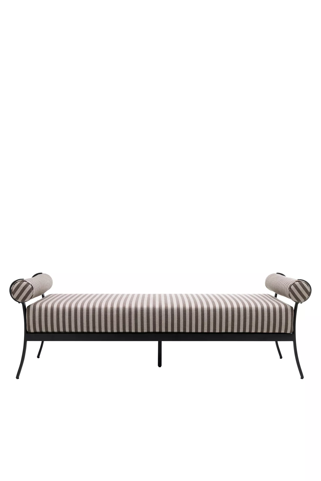 Ashley Childers Antibes indoor/outdoor bench with striped seat and cylindrical arm bolsters