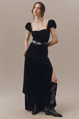 Bhldn Sweetheart Puff-sleeve Lace-back Maxi Dress In Black