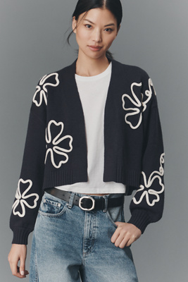 By Anthropologie Dimensional Floral Motif Crop Cardigan In Black