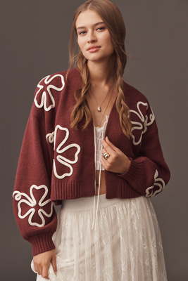By Anthropologie Dimensional Floral Motif Crop Cardigan In Burgundy