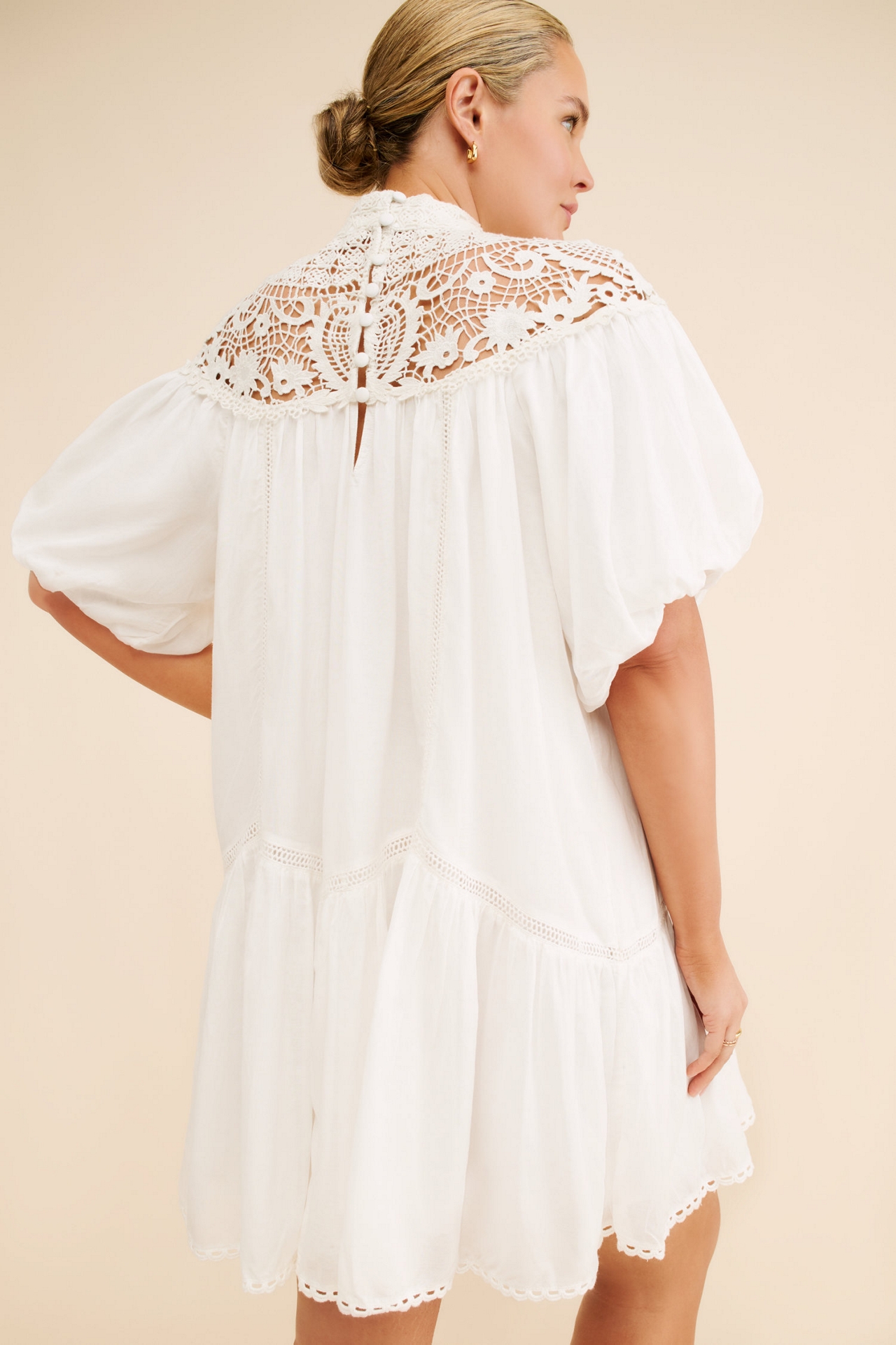 High-Neck Lace Tunic Mini Dress