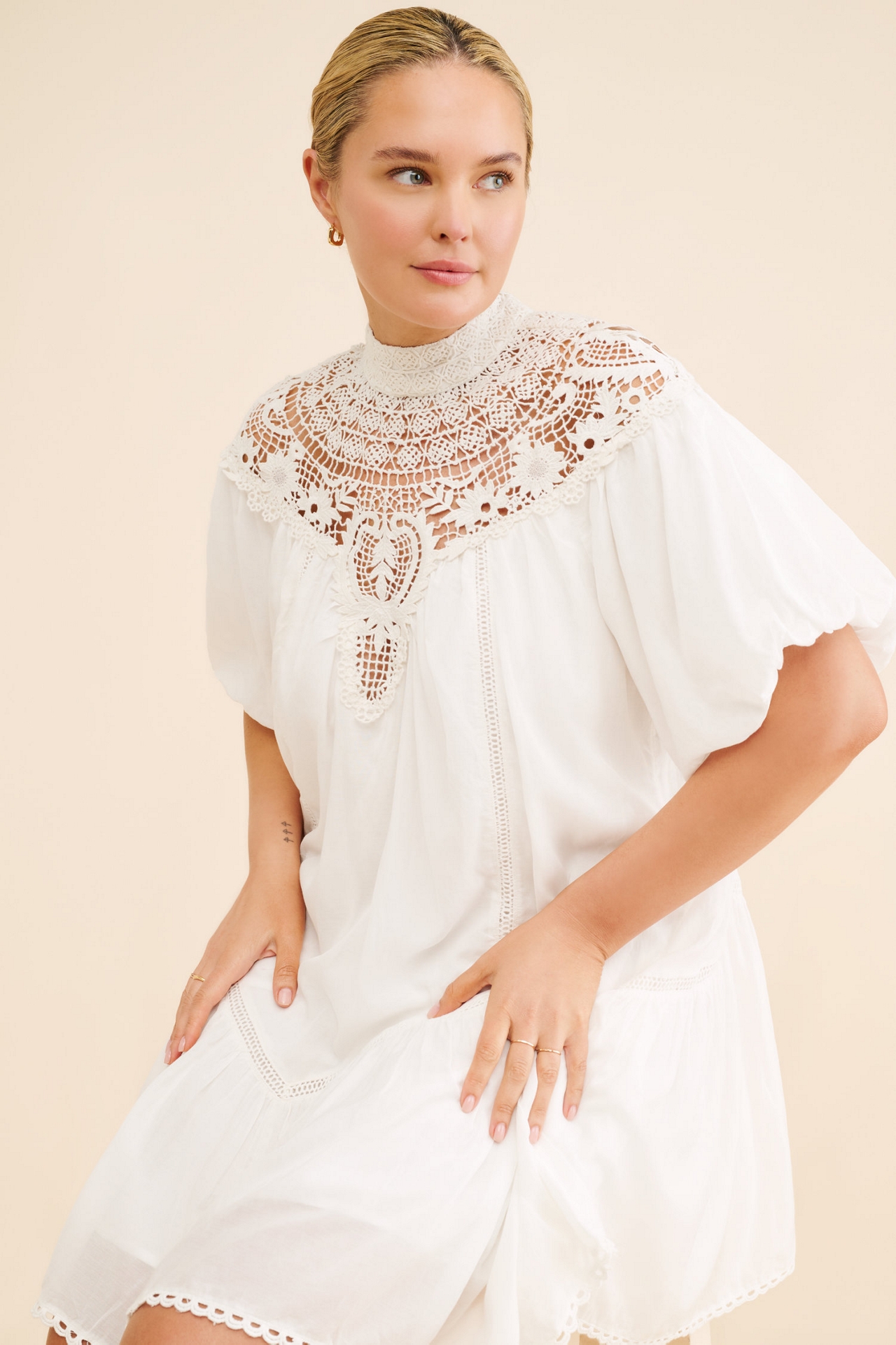 High-Neck Lace Tunic Mini Dress