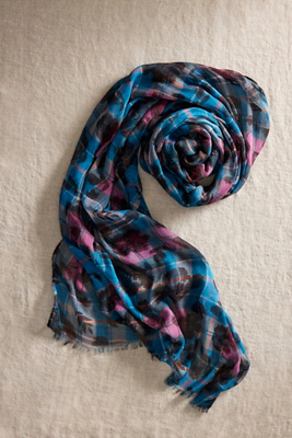 Elizabeth Gillett Floral Plaid Scarf In Blue
