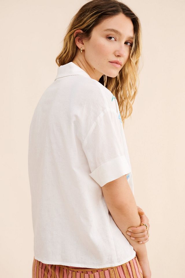 Flat White Floral Embroidered Surf Shirt #1