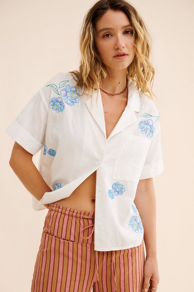 Flat White Floral Embroidered Surf Shirt #4