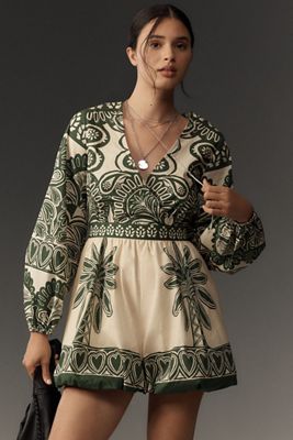 FARM Rio Long-Sleeve V-Neck Printed Romper