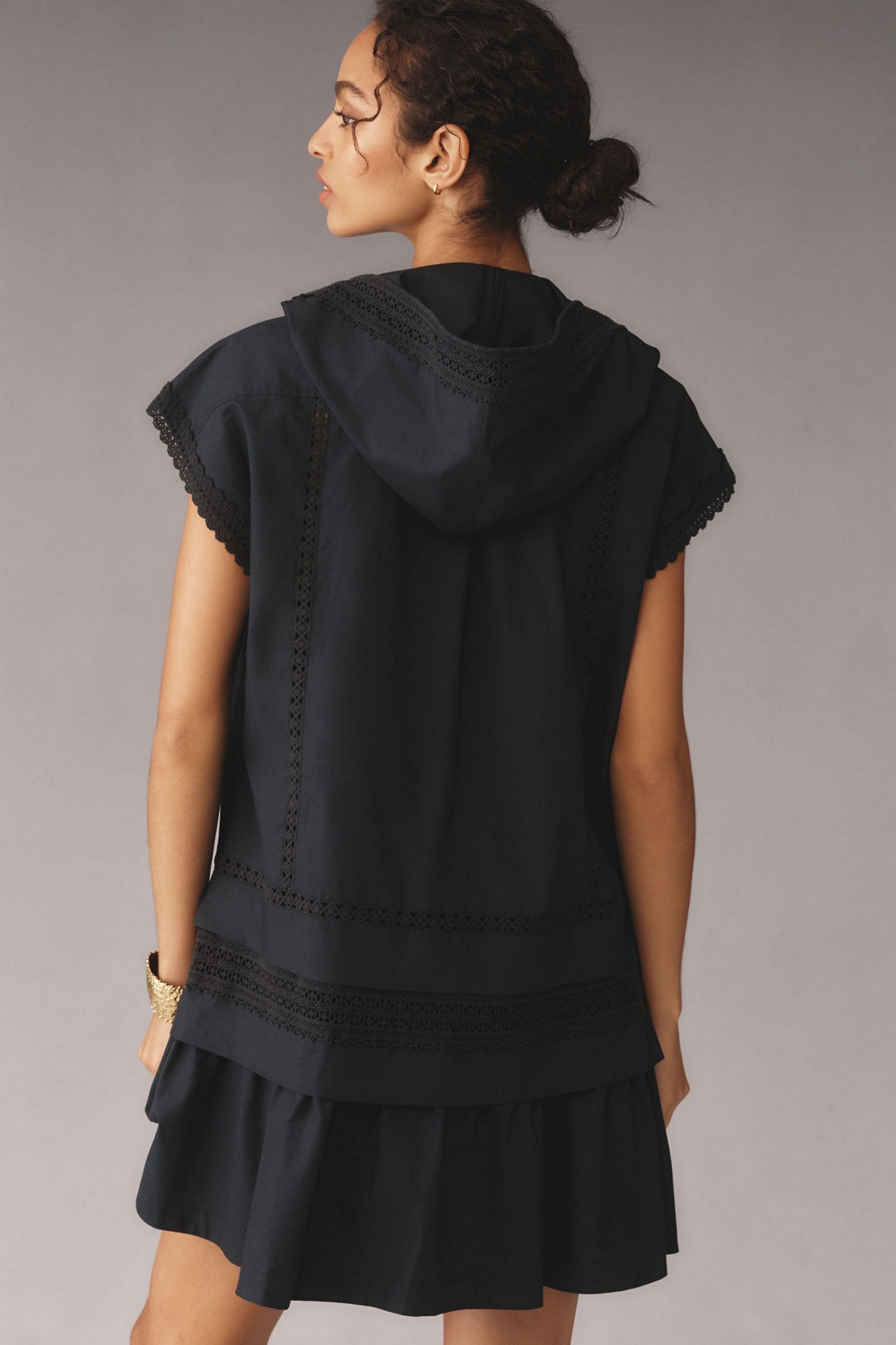 Short-Sleeve Flounce Poplin Hoodie Mini Dress