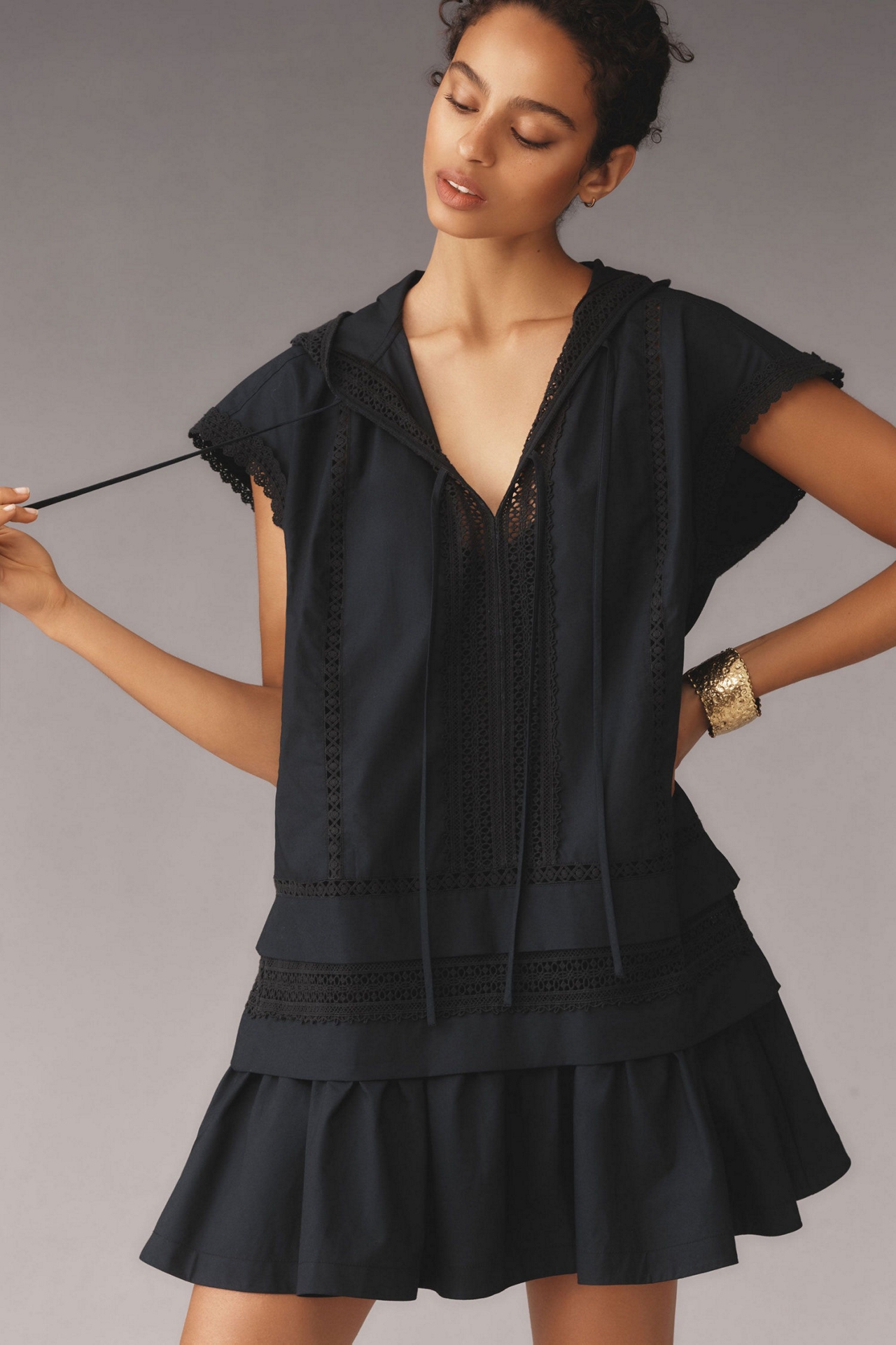 Short-Sleeve Flounce Poplin Hoodie Mini Dress
