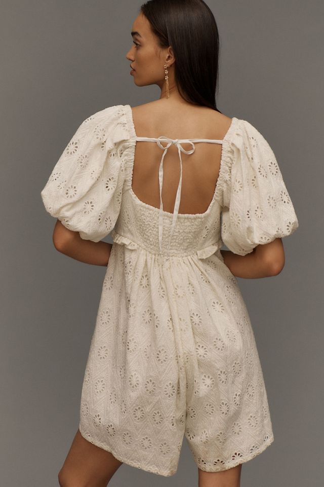 Puff-Sleeved Eyelet Romper #4