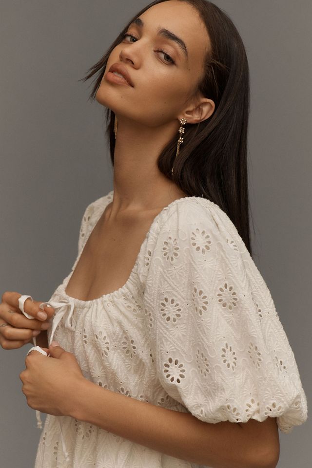Puff-Sleeved Eyelet Romper #3