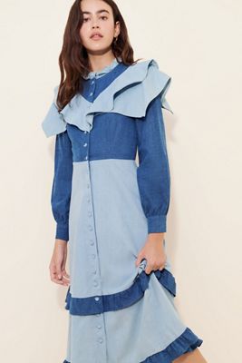 Olivia Rubin Bronte Two-Tone Denim Midi Dress