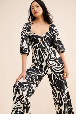 FARM Rio Puff-Sleeve Printed Linen Jumpsuit