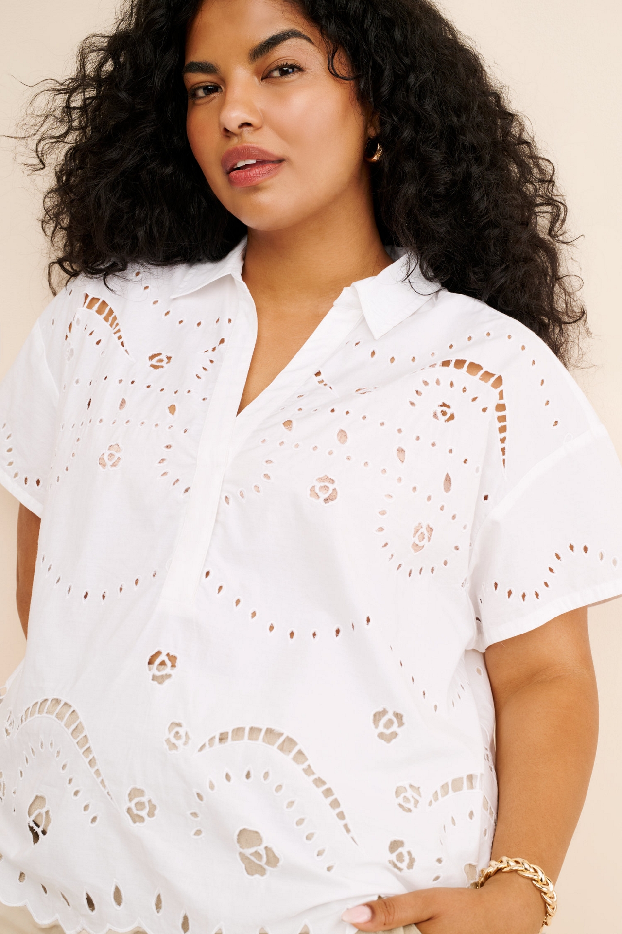 Maeve Short-Sleeve Boxy Eyelet Popover Blouse
