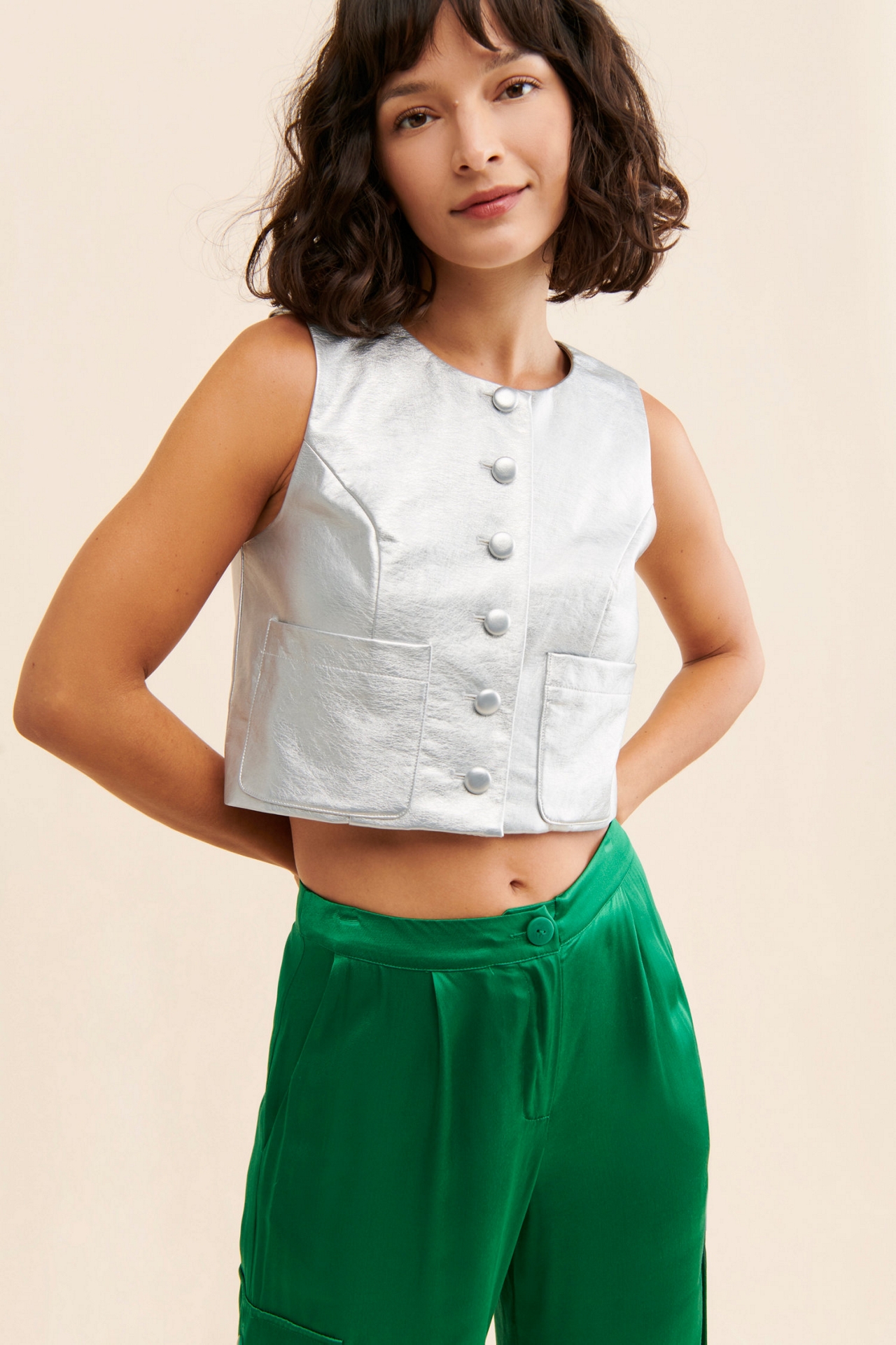 Hutch Metallic Vegan Leather Cropped Vest
