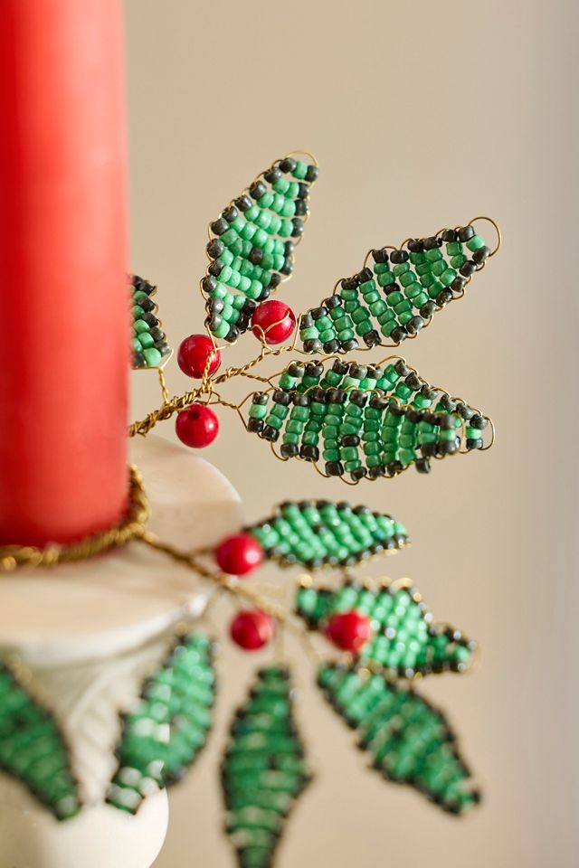 Green Holly Beaded Candle Wreaths, Set of 2 #1