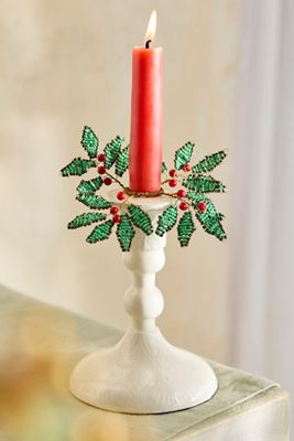 Green Holly Beaded Candle Wreaths, Set of 2