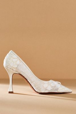 Lola Cruz Pointed-Toe Lace Bow Heels