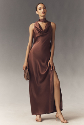 Bhldn Satin Cowled Scarf-neck Maxi Dress In Brown