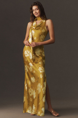 Bhldn Satin Cowled Scarf-neck Maxi Dress In Gold
