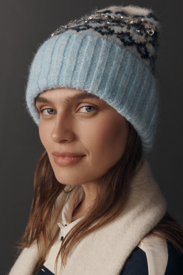 By Anthropologie Embellished Fairisle Beanie In Blue