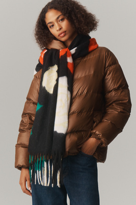 By Anthropologie Floral Brushed Fringe Scarf In Black